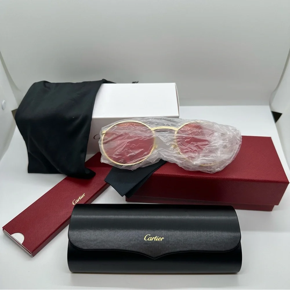 NWT Cartier C De Red Round Gold Frame Sunglasses 99-1-140 $1295